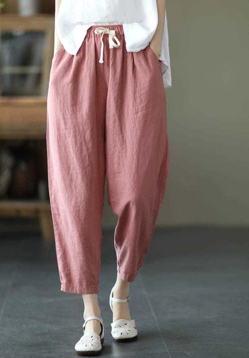 Lucyever 2025 Spring Summer Cotton Linen Pants Women Solid Color Casual Ankle-length Pant Woman Lace-up Waist Loose Trousers