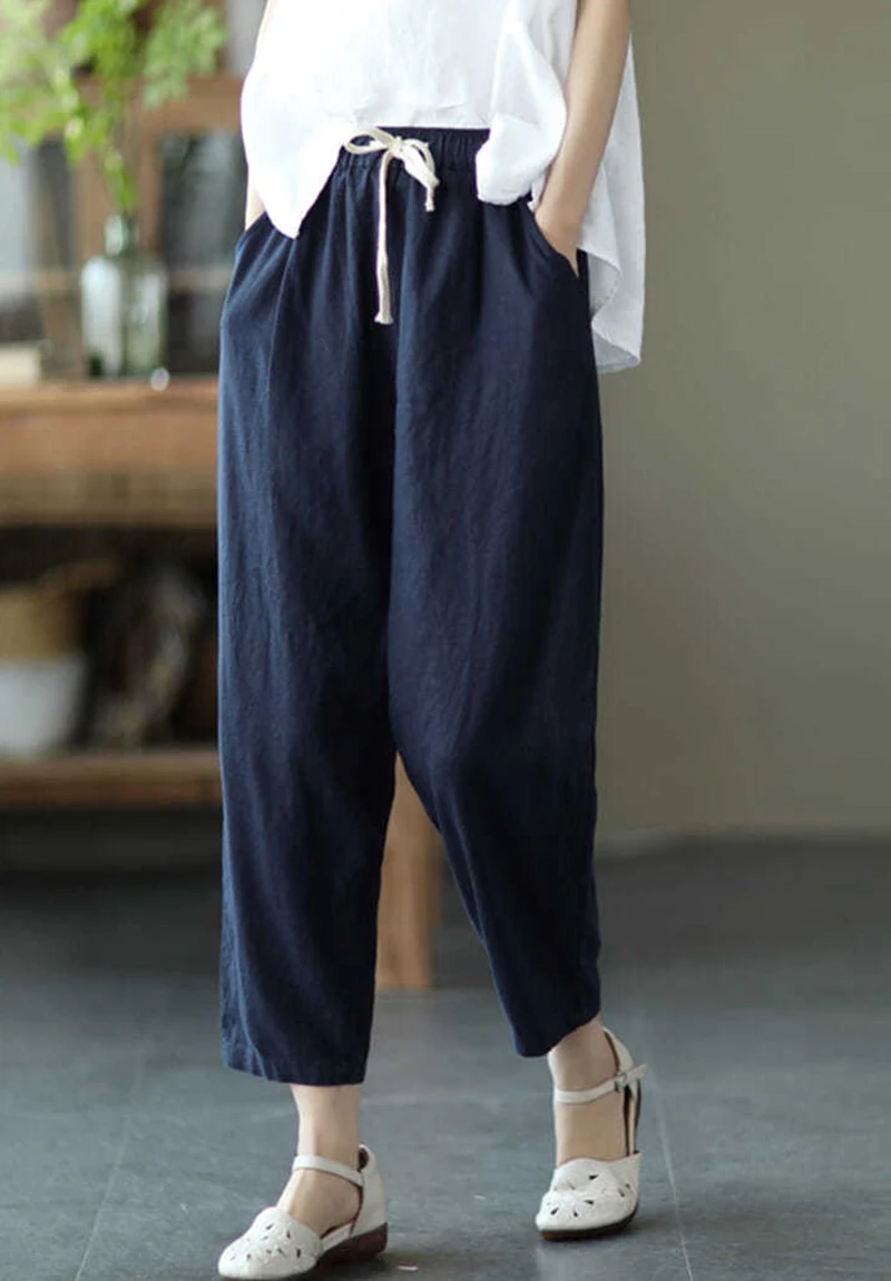 Lucyever 2025 Spring Summer Cotton Linen Pants Women Solid Color Casual Ankle-length Pant Woman Lace-up Waist Loose Trousers