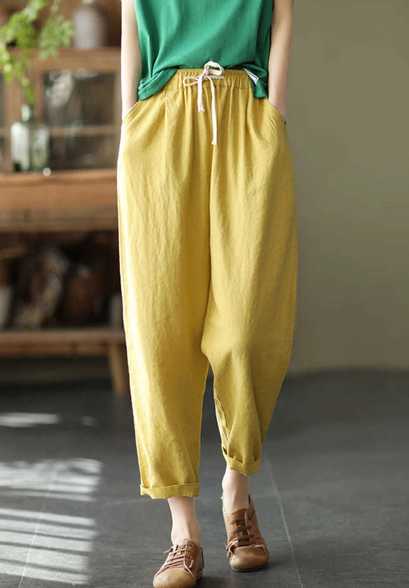 Lucyever 2025 Spring Summer Cotton Linen Pants Women Solid Color Casual Ankle-length Pant Woman Lace-up Waist Loose Trousers