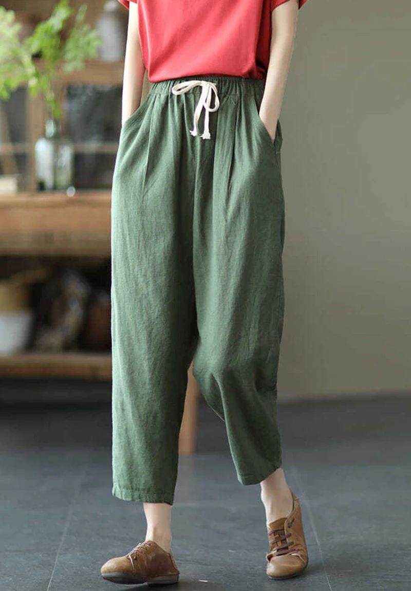 Lucyever 2025 Spring Summer Cotton Linen Pants Women Solid Color Casual Ankle-length Pant Woman Lace-up Waist Loose Trousers