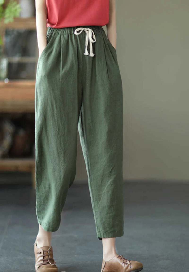 Lucyever 2025 Spring Summer Cotton Linen Pants Women Solid Color Casual Ankle-length Pant Woman Lace-up Waist Loose Trousers