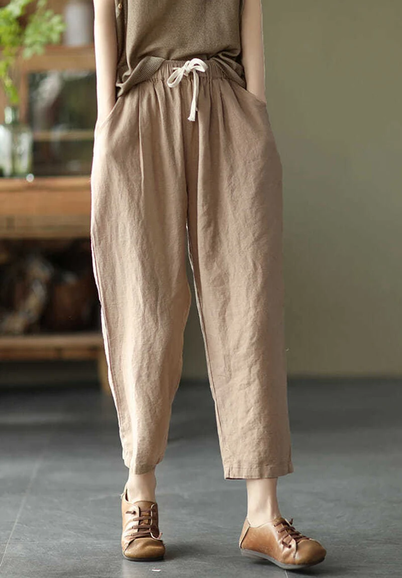 Lucyever 2025 Spring Summer Cotton Linen Pants Women Solid Color Casual Ankle-length Pant Woman Lace-up Waist Loose Trousers