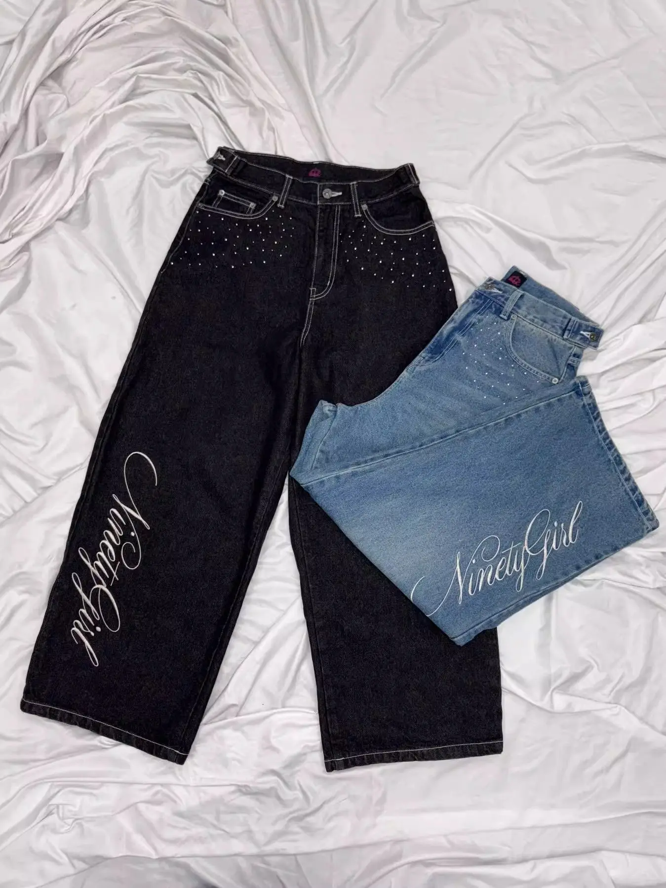 Trendy and Fashionable Harajuku Retro High Street Angel Wing Rhinestone Embroidery Millennium Straight-Leg Loose Denim Trousers
