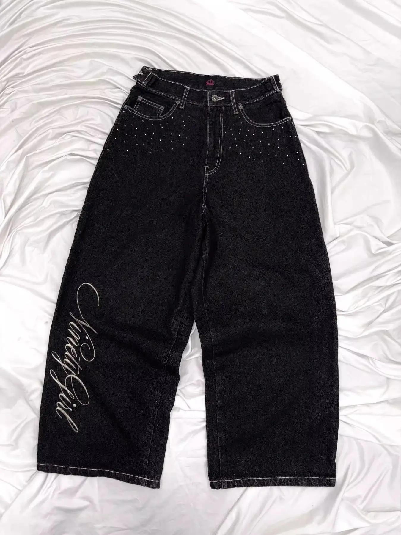 Trendy and Fashionable Harajuku Retro High Street Angel Wing Rhinestone Embroidery Millennium Straight-Leg Loose Denim Trousers