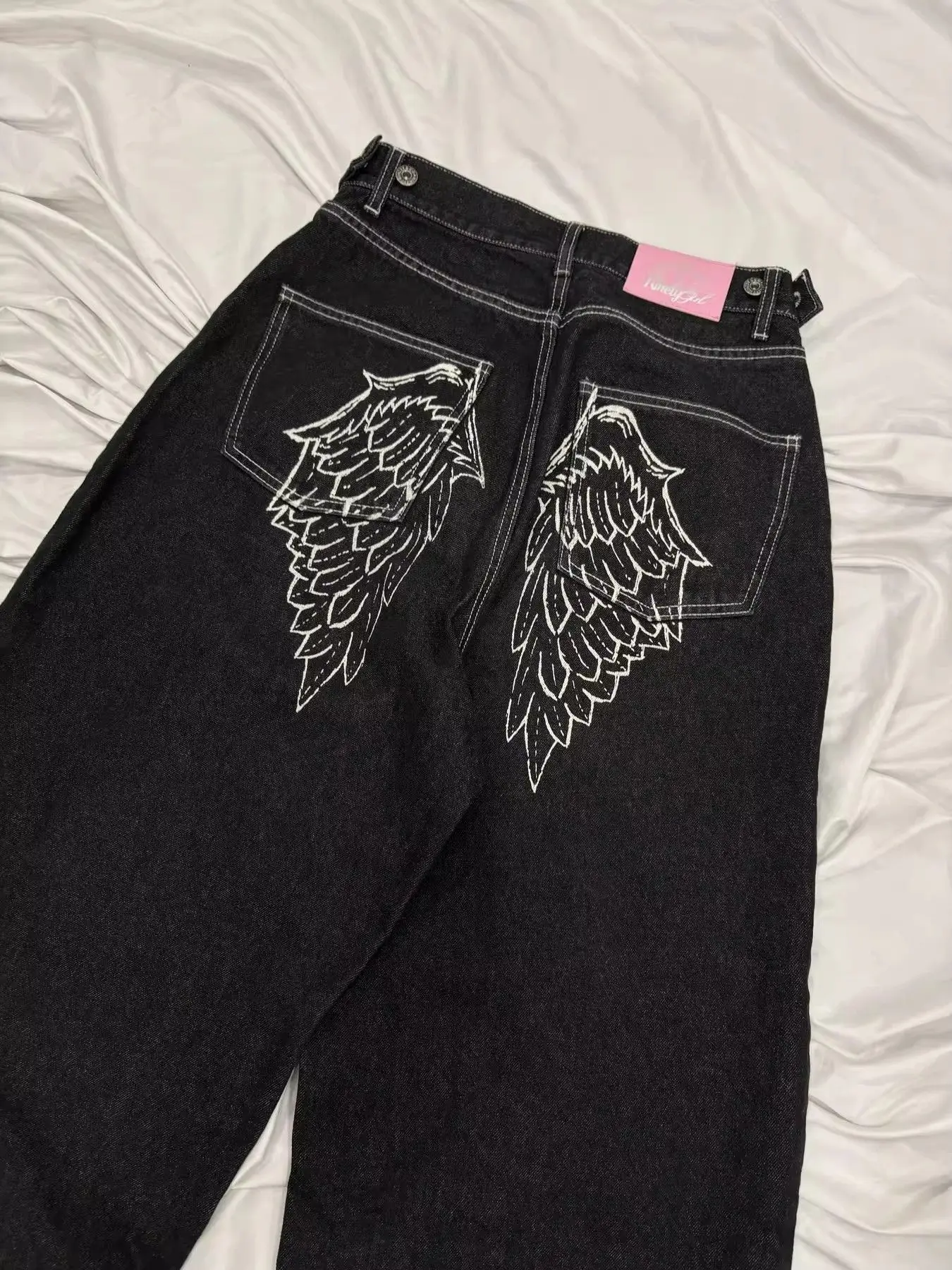 Trendy and Fashionable Harajuku Retro High Street Angel Wing Rhinestone Embroidery Millennium Straight-Leg Loose Denim Trousers
