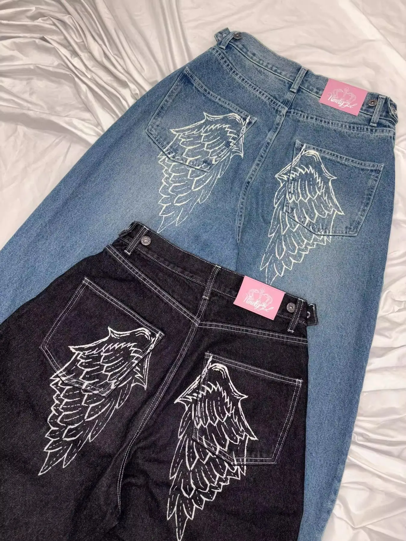 Trendy and Fashionable Harajuku Retro High Street Angel Wing Rhinestone Embroidery Millennium Straight-Leg Loose Denim Trousers