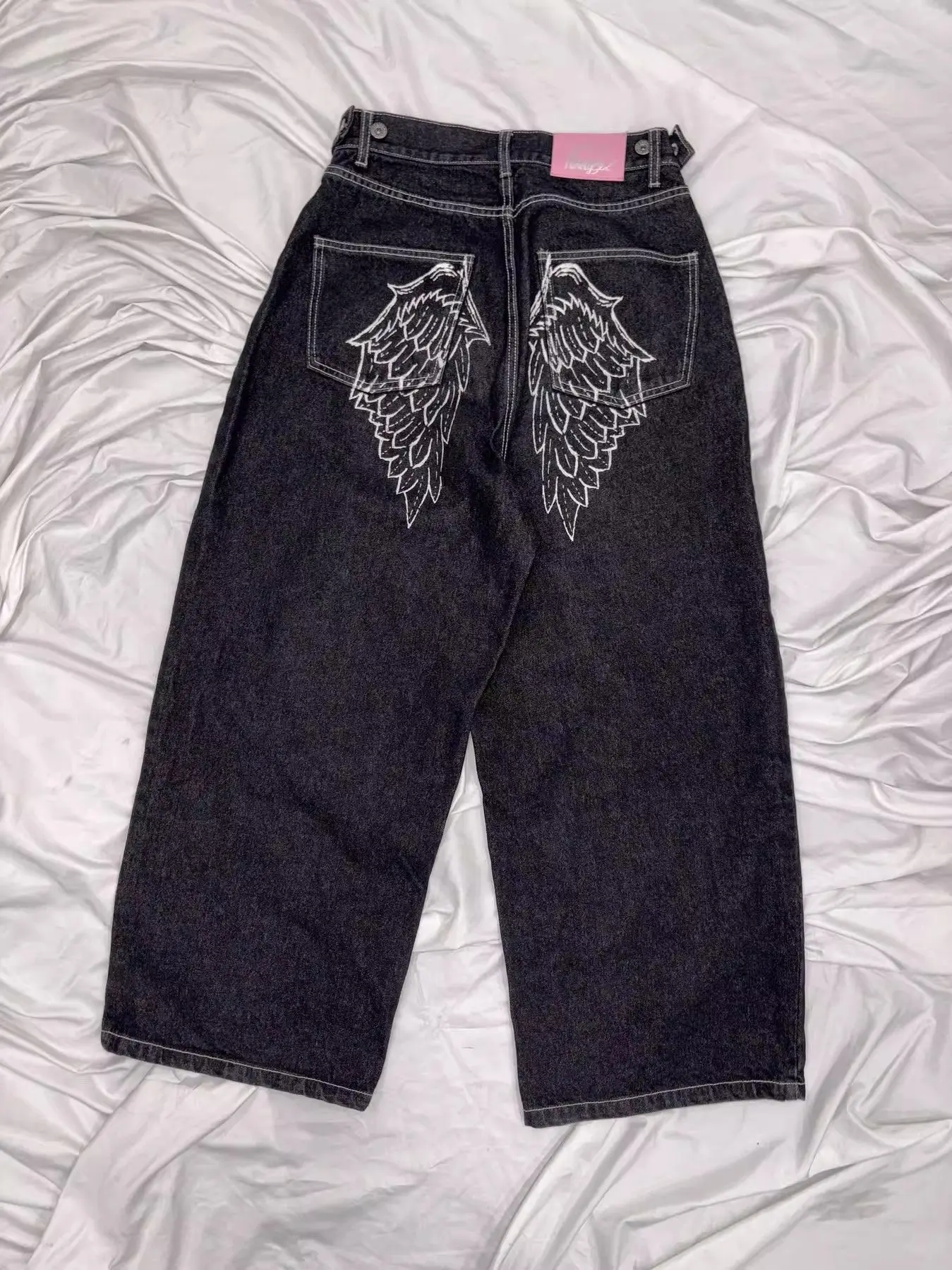 Trendy and Fashionable Harajuku Retro High Street Angel Wing Rhinestone Embroidery Millennium Straight-Leg Loose Denim Trousers