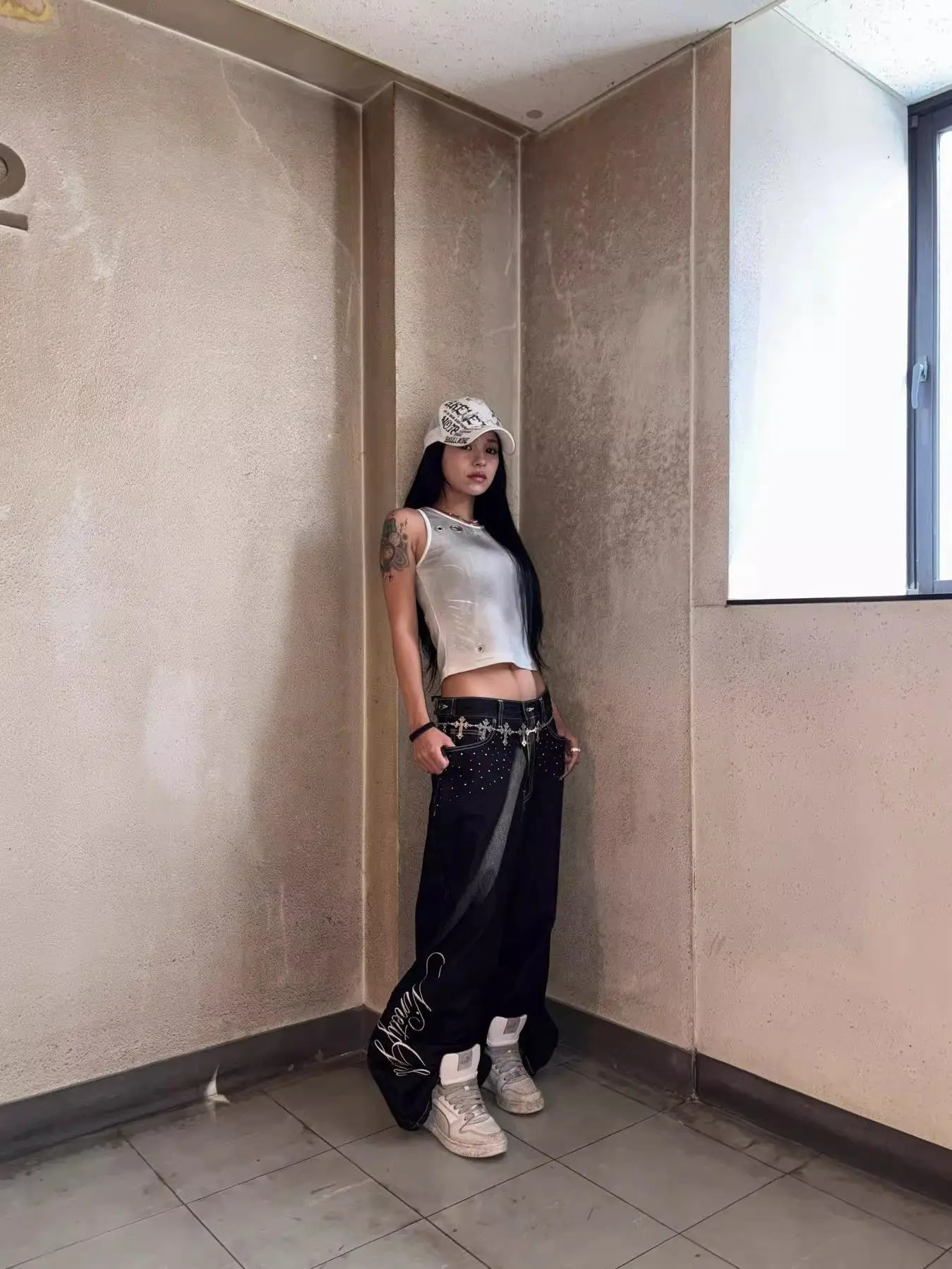 Trendy and Fashionable Harajuku Retro High Street Angel Wing Rhinestone Embroidery Millennium Straight-Leg Loose Denim Trousers