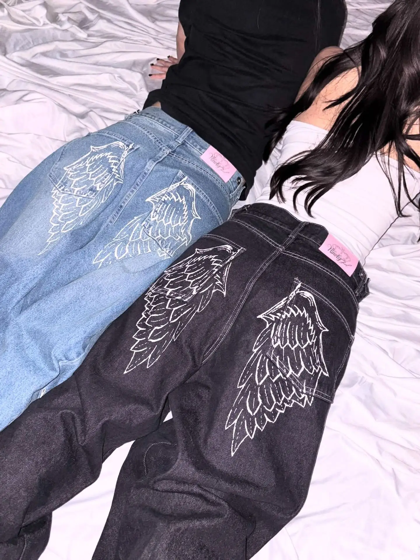 Trendy and Fashionable Harajuku Retro High Street Angel Wing Rhinestone Embroidery Millennium Straight-Leg Loose Denim Trousers