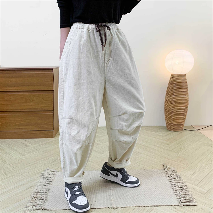 Amax LuluE Designer Womens Autumn Fashion Corduroy Harem Pants 2025 Ladies Leisure Vintage Elastic Waist Solid Fitness Trousers