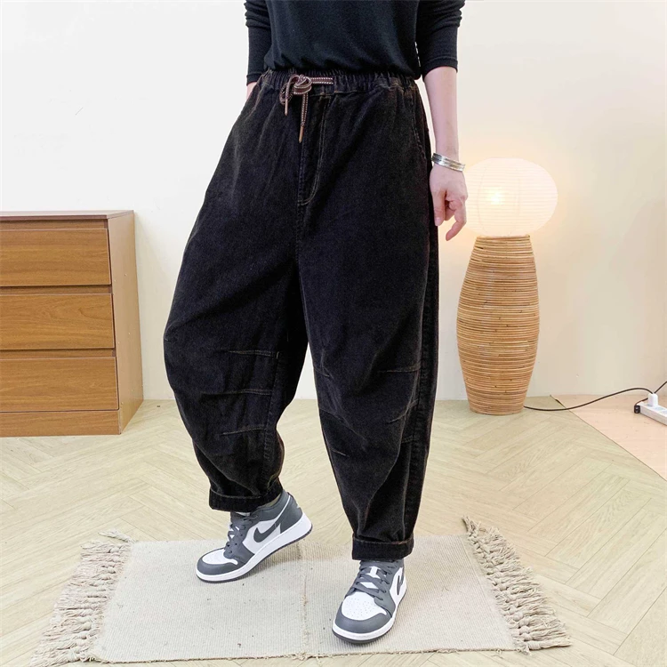 Amax LuluE Designer Womens Autumn Fashion Corduroy Harem Pants 2025 Ladies Leisure Vintage Elastic Waist Solid Fitness Trousers