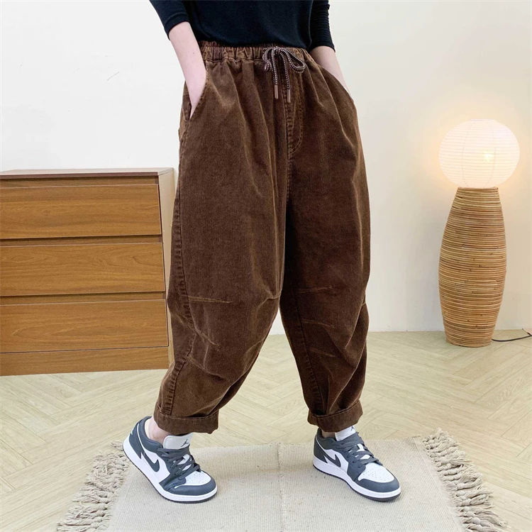 Amax LuluE Designer Womens Autumn Fashion Corduroy Harem Pants 2025 Ladies Leisure Vintage Elastic Waist Solid Fitness Trousers