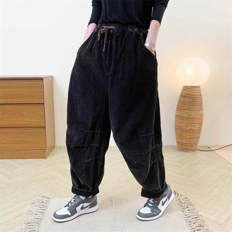 Amax LuluE Designer Womens Autumn Fashion Corduroy Harem Pants 2025 Ladies Leisure Vintage Elastic Waist Solid Fitness Trousers