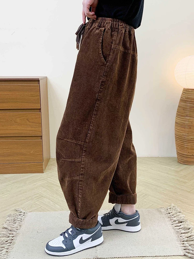 Amax LuluE Designer Womens Autumn Fashion Corduroy Harem Pants 2025 Ladies Leisure Vintage Elastic Waist Solid Fitness Trousers