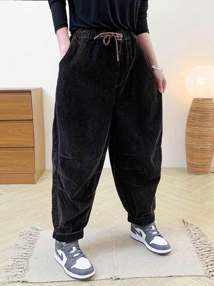 Amax LuluE Designer Womens Autumn Fashion Corduroy Harem Pants 2025 Ladies Leisure Vintage Elastic Waist Solid Fitness Trousers