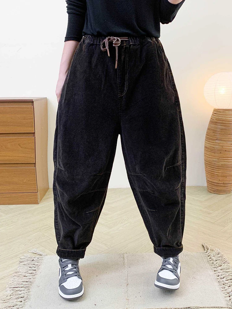 Amax LuluE Designer Womens Autumn Fashion Corduroy Harem Pants 2025 Ladies Leisure Vintage Elastic Waist Solid Fitness Trousers