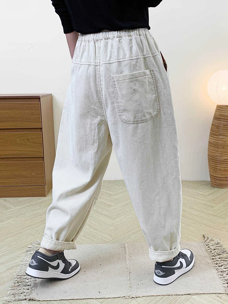 Amax LuluE Designer Womens Autumn Fashion Corduroy Harem Pants 2025 Ladies Leisure Vintage Elastic Waist Solid Fitness Trousers