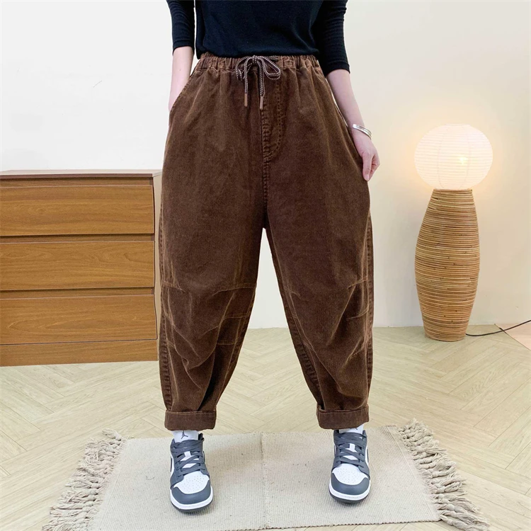 Amax LuluE Designer Womens Autumn Fashion Corduroy Harem Pants 2025 Ladies Leisure Vintage Elastic Waist Solid Fitness Trousers