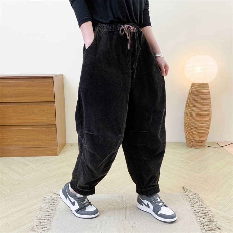 Amax LuluE Designer Womens Autumn Fashion Corduroy Harem Pants 2025 Ladies Leisure Vintage Elastic Waist Solid Fitness Trousers
