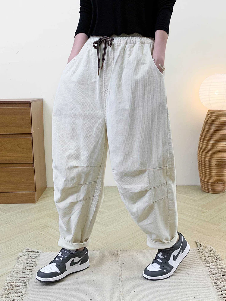 Amax LuluE Designer Womens Autumn Fashion Corduroy Harem Pants 2025 Ladies Leisure Vintage Elastic Waist Solid Fitness Trousers