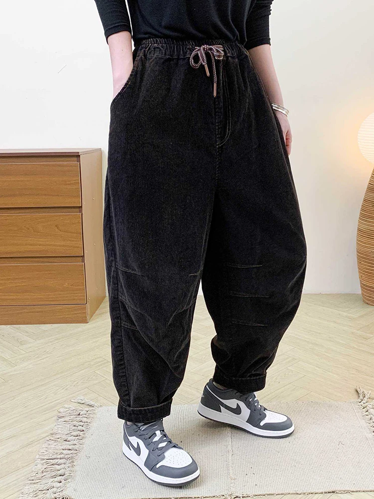 Amax LuluE Designer Womens Autumn Fashion Corduroy Harem Pants 2025 Ladies Leisure Vintage Elastic Waist Solid Fitness Trousers