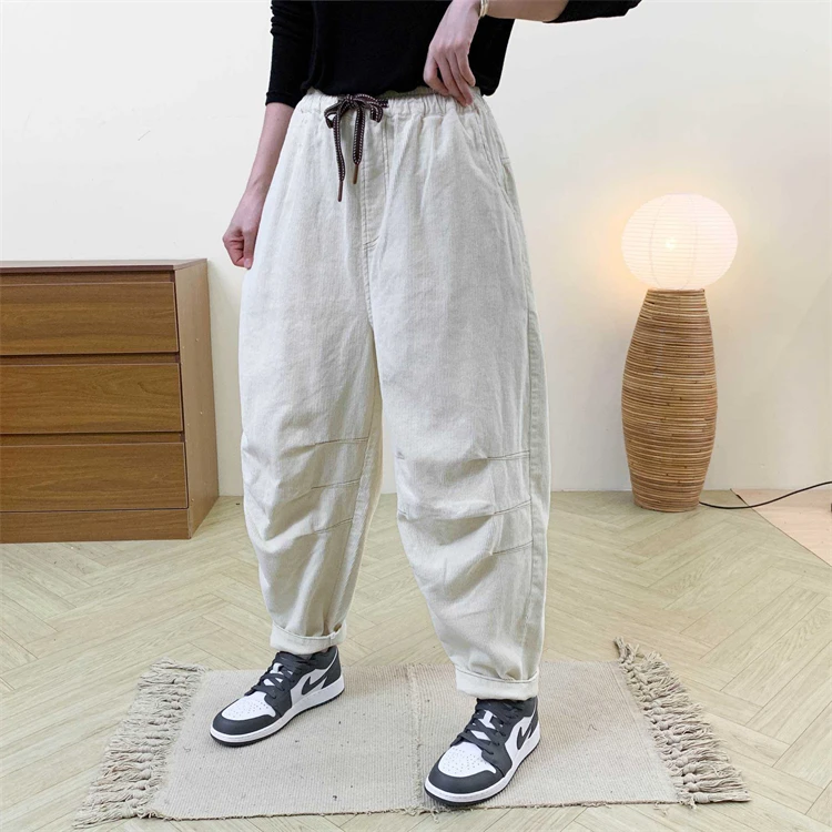 Amax LuluE Designer Womens Autumn Fashion Corduroy Harem Pants 2025 Ladies Leisure Vintage Elastic Waist Solid Fitness Trousers
