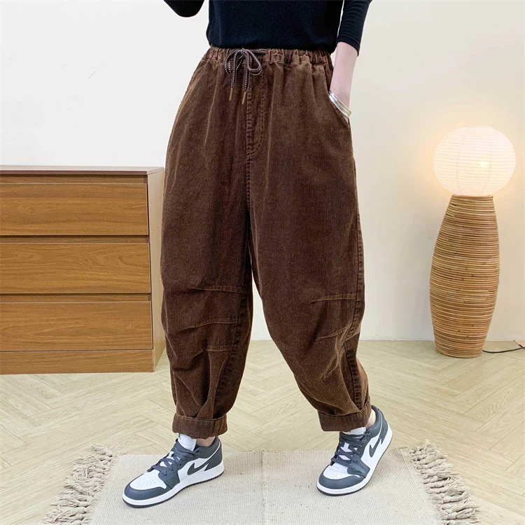 Amax LuluE Designer Womens Autumn Fashion Corduroy Harem Pants 2025 Ladies Leisure Vintage Elastic Waist Solid Fitness Trousers