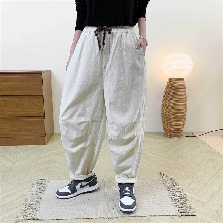 Amax LuluE Designer Womens Autumn Fashion Corduroy Harem Pants 2025 Ladies Leisure Vintage Elastic Waist Solid Fitness Trousers