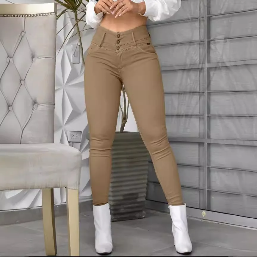 High Waist Pocket Design Skinny Pants Women Pant High Waist Trousers Slim Fit Sexy Pencil Pants Capris 2023 White Autumn Winter