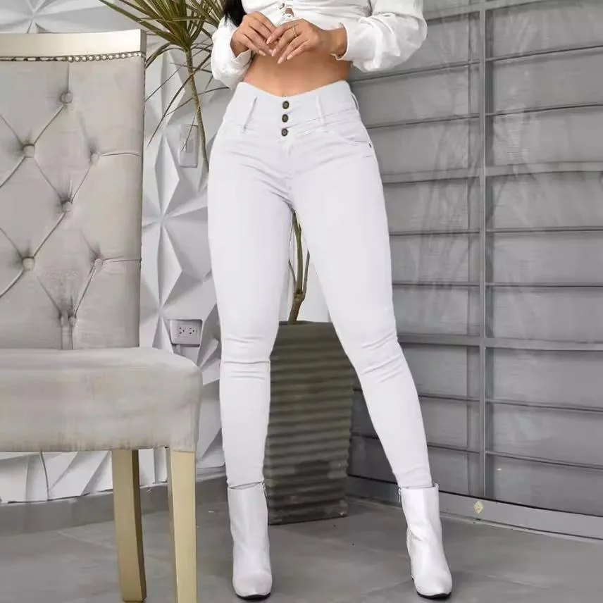 High Waist Pocket Design Skinny Pants Women Pant High Waist Trousers Slim Fit Sexy Pencil Pants Capris 2023 White Autumn Winter