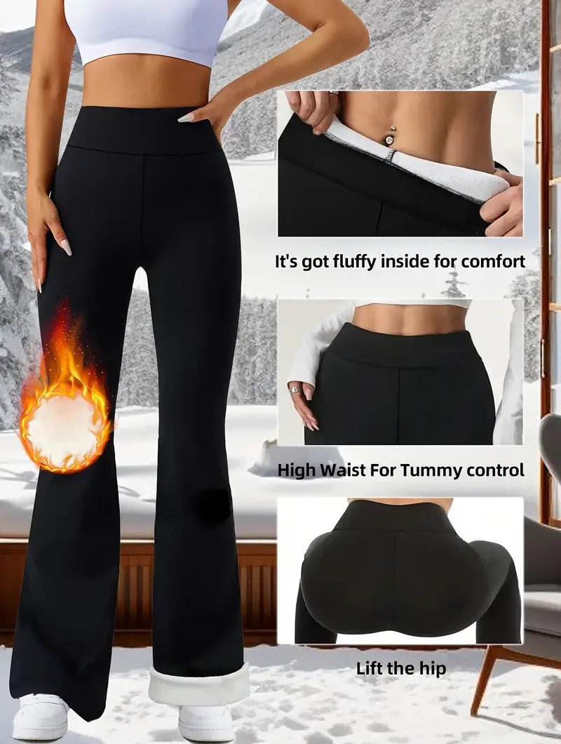 Ultra-Thick Lambswool Warm Leggings Woman Lift Hips High Waist Slim Wide Leg Tights Female Winter Thermal Black Flared Pants