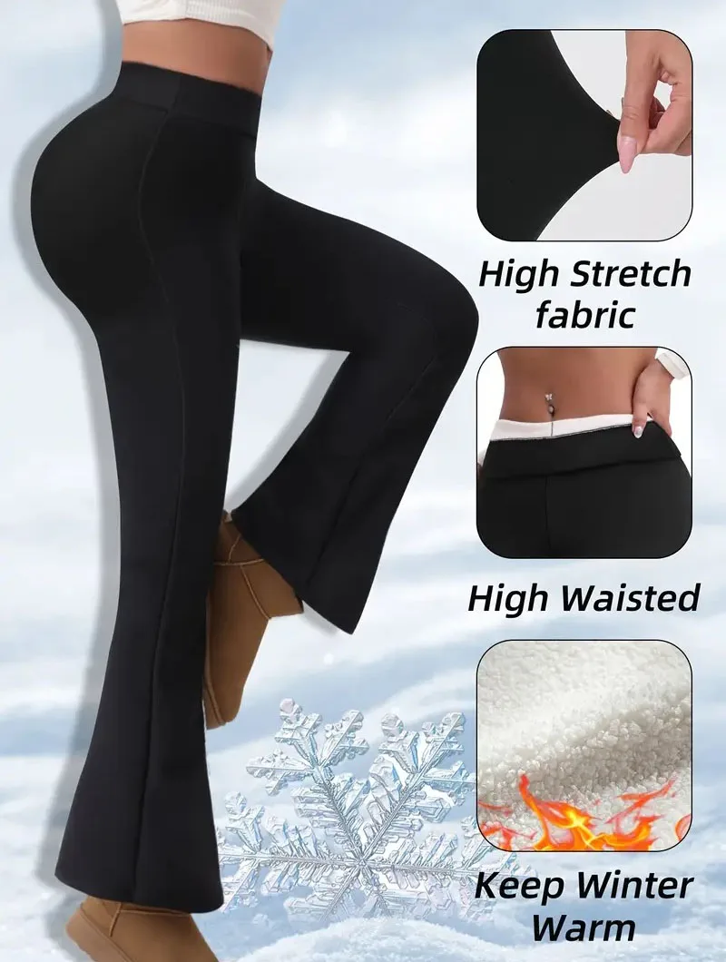 Ultra-Thick Lambswool Warm Leggings Woman Lift Hips High Waist Slim Wide Leg Tights Female Winter Thermal Black Flared Pants