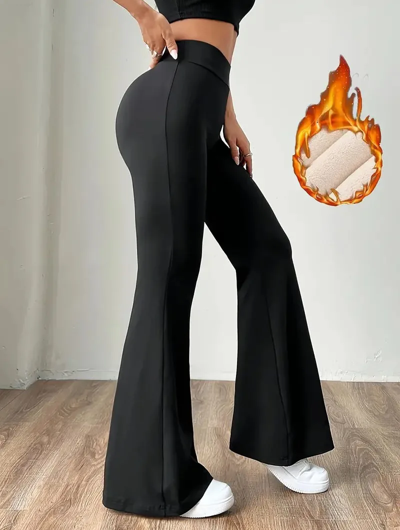 Ultra-Thick Lambswool Warm Leggings Woman Lift Hips High Waist Slim Wide Leg Tights Female Winter Thermal Black Flared Pants