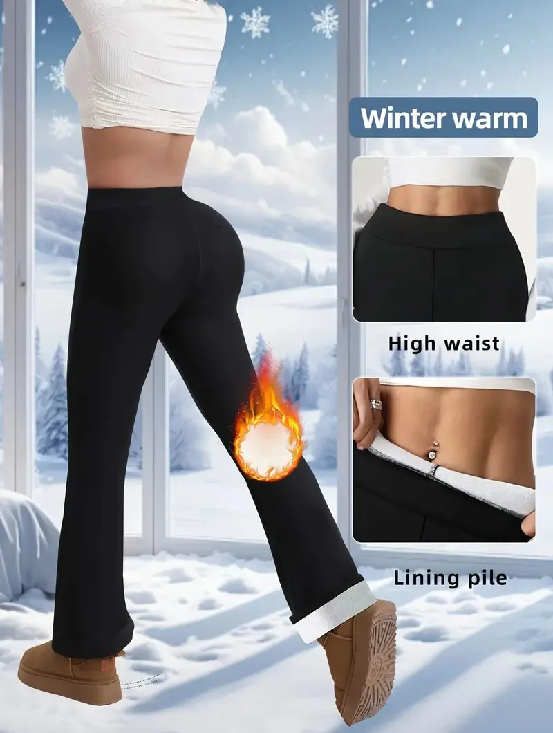 Ultra-Thick Lambswool Warm Leggings Woman Lift Hips High Waist Slim Wide Leg Tights Female Winter Thermal Black Flared Pants