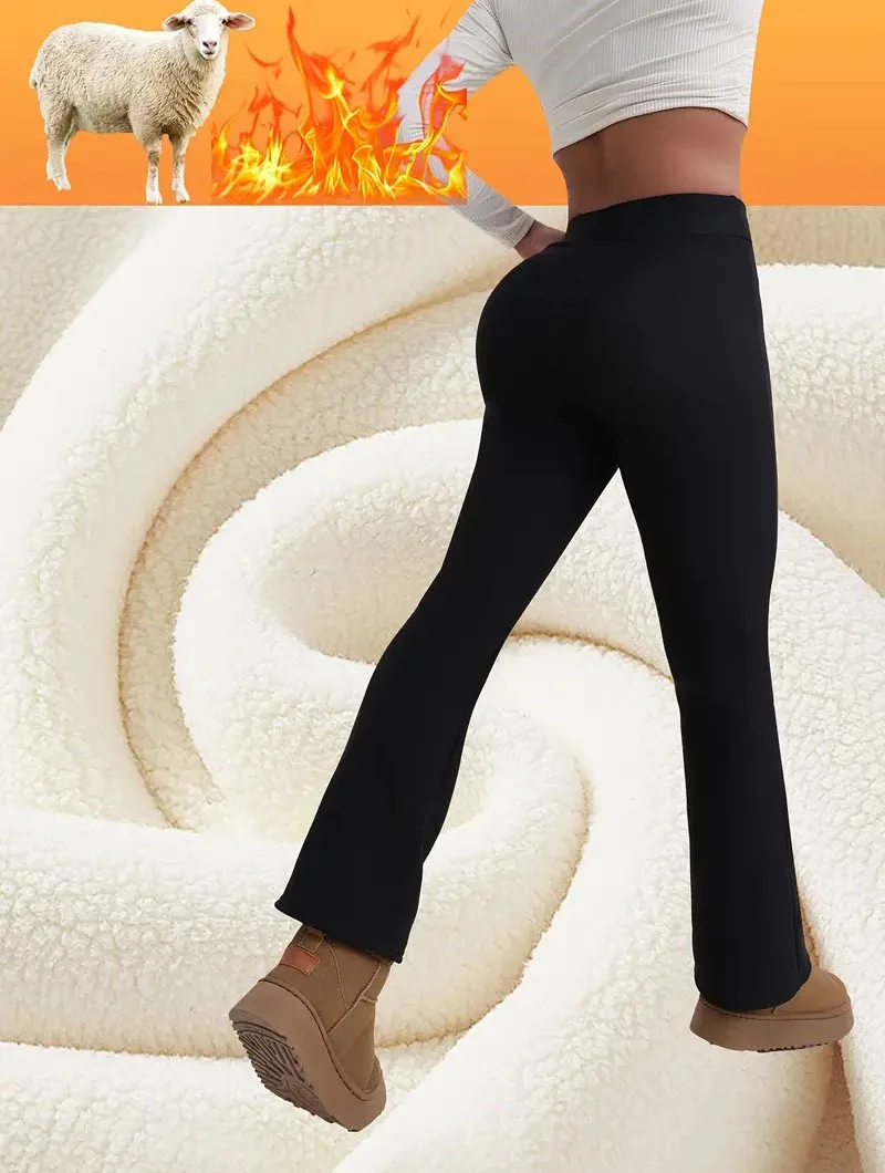 Ultra-Thick Lambswool Warm Leggings Woman Lift Hips High Waist Slim Wide Leg Tights Female Winter Thermal Black Flared Pants