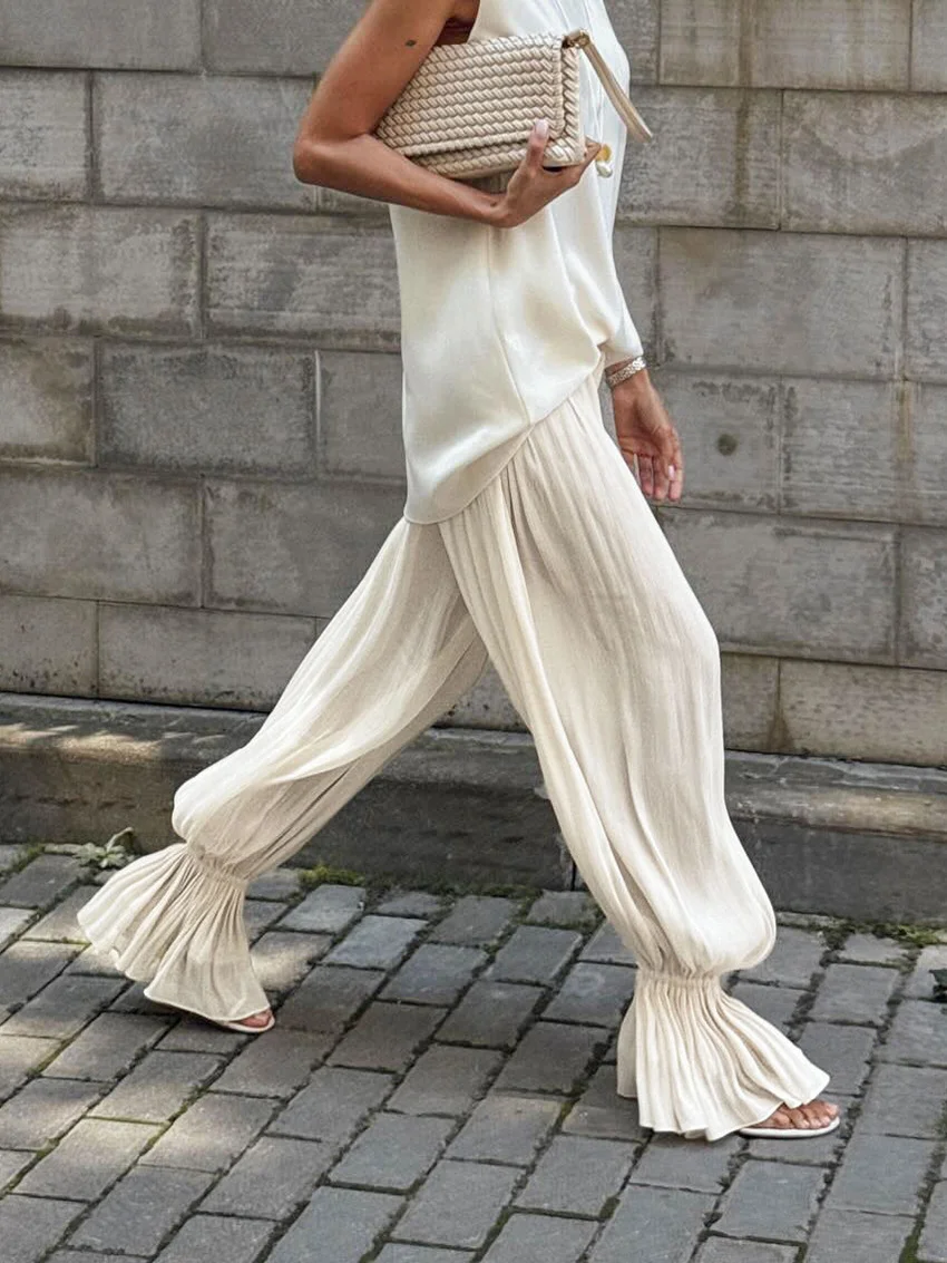 Women White Y2K Baggy Balloon Pants Bubble Pleated Oversized Bloomers Wide Leg Pants Vintage Streetwear Daily Fashion Versatile