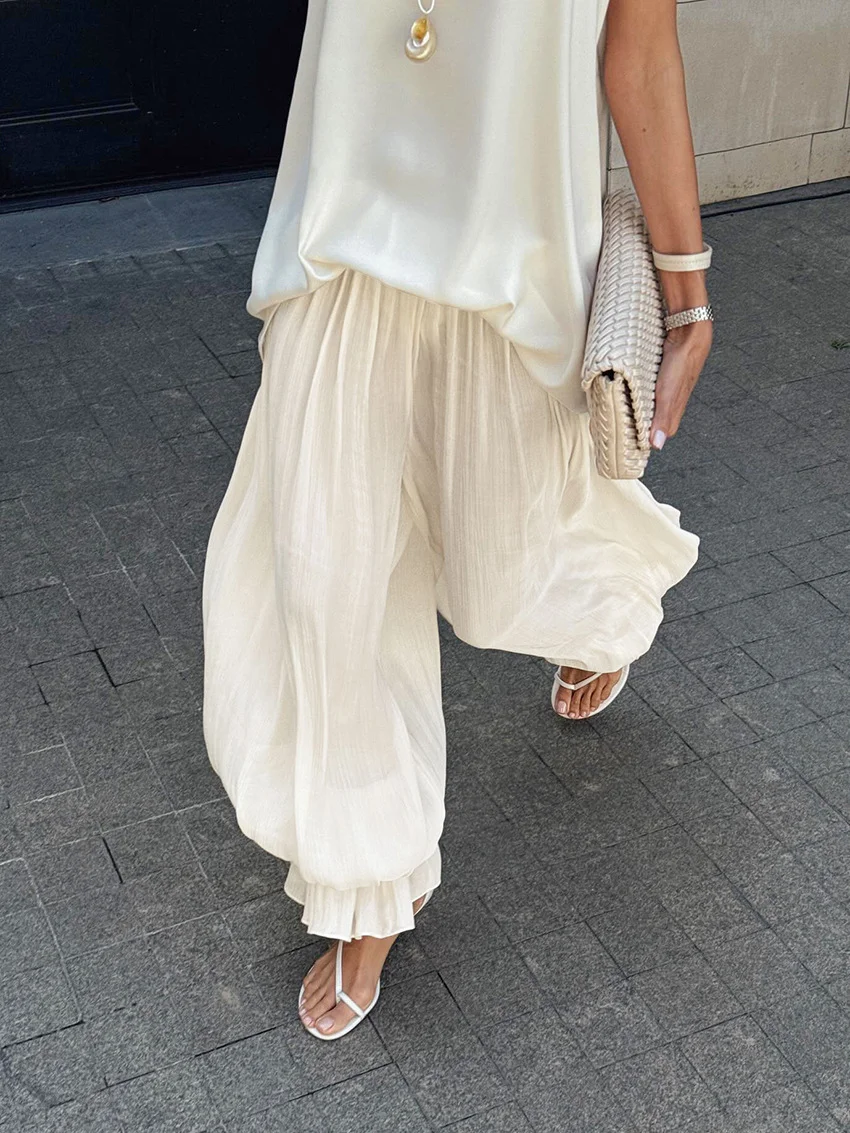 Women White Y2K Baggy Balloon Pants Bubble Pleated Oversized Bloomers Wide Leg Pants Vintage Streetwear Daily Fashion Versatile