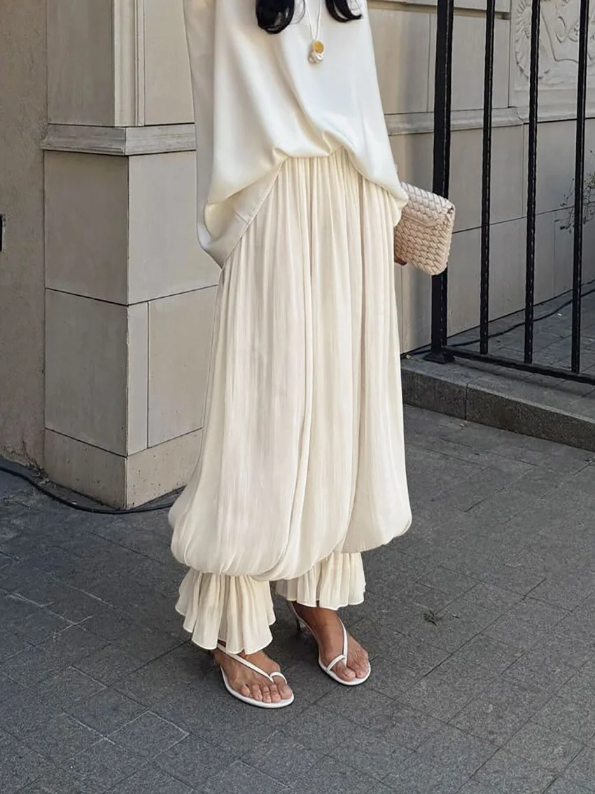 Women White Y2K Baggy Balloon Pants Bubble Pleated Oversized Bloomers Wide Leg Pants Vintage Streetwear Daily Fashion Versatile