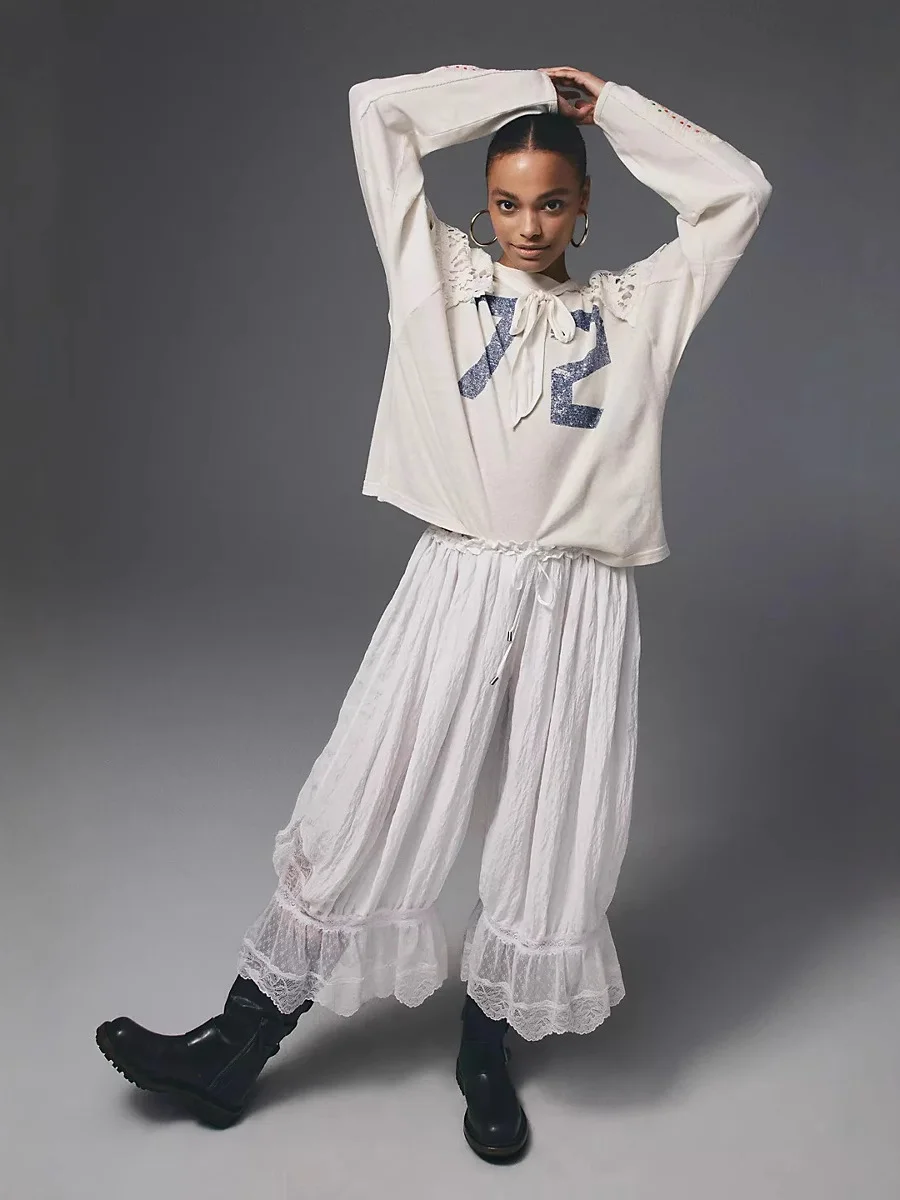Women White Y2K Baggy Balloon Pants Bubble Pleated Oversized Bloomers Wide Leg Pants Vintage Streetwear Daily Fashion Versatile