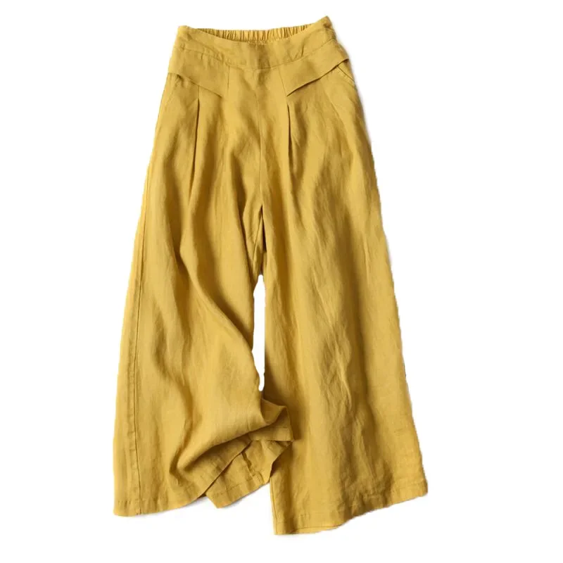 2026 Summer Women's Culottes Cotton Linen Cropped Wide Leg Pants Elastic Waist Casual Palazzo Clean Fit Trousers with Pockets