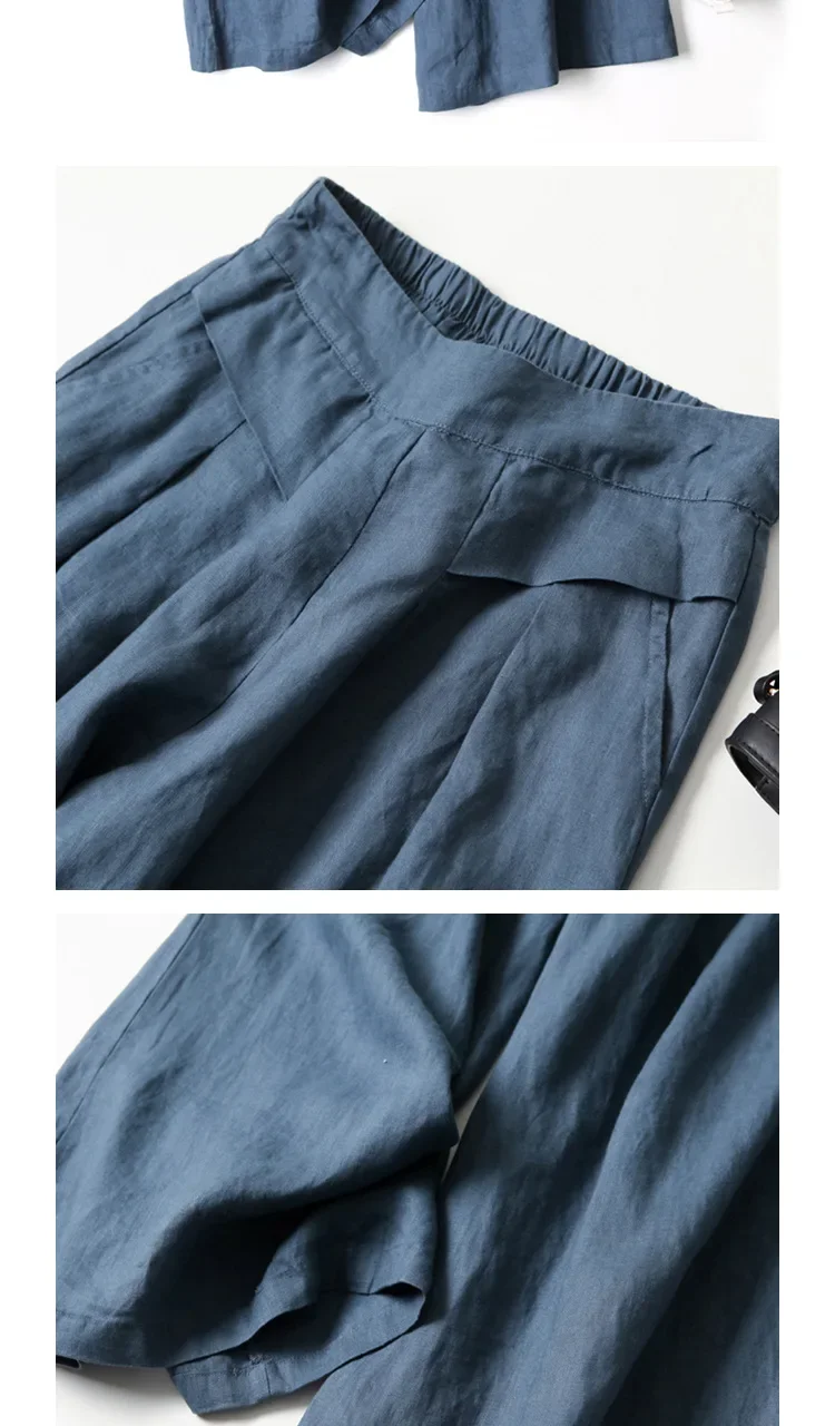 2026 Summer Women's Culottes Cotton Linen Cropped Wide Leg Pants Elastic Waist Casual Palazzo Clean Fit Trousers with Pockets
