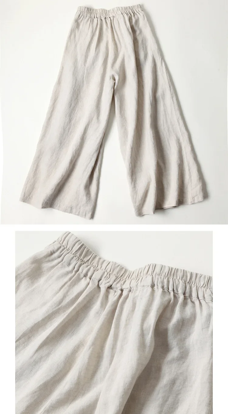 2026 Summer Women's Culottes Cotton Linen Cropped Wide Leg Pants Elastic Waist Casual Palazzo Clean Fit Trousers with Pockets