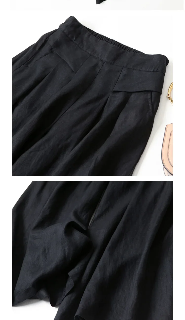 2026 Summer Women's Culottes Cotton Linen Cropped Wide Leg Pants Elastic Waist Casual Palazzo Clean Fit Trousers with Pockets