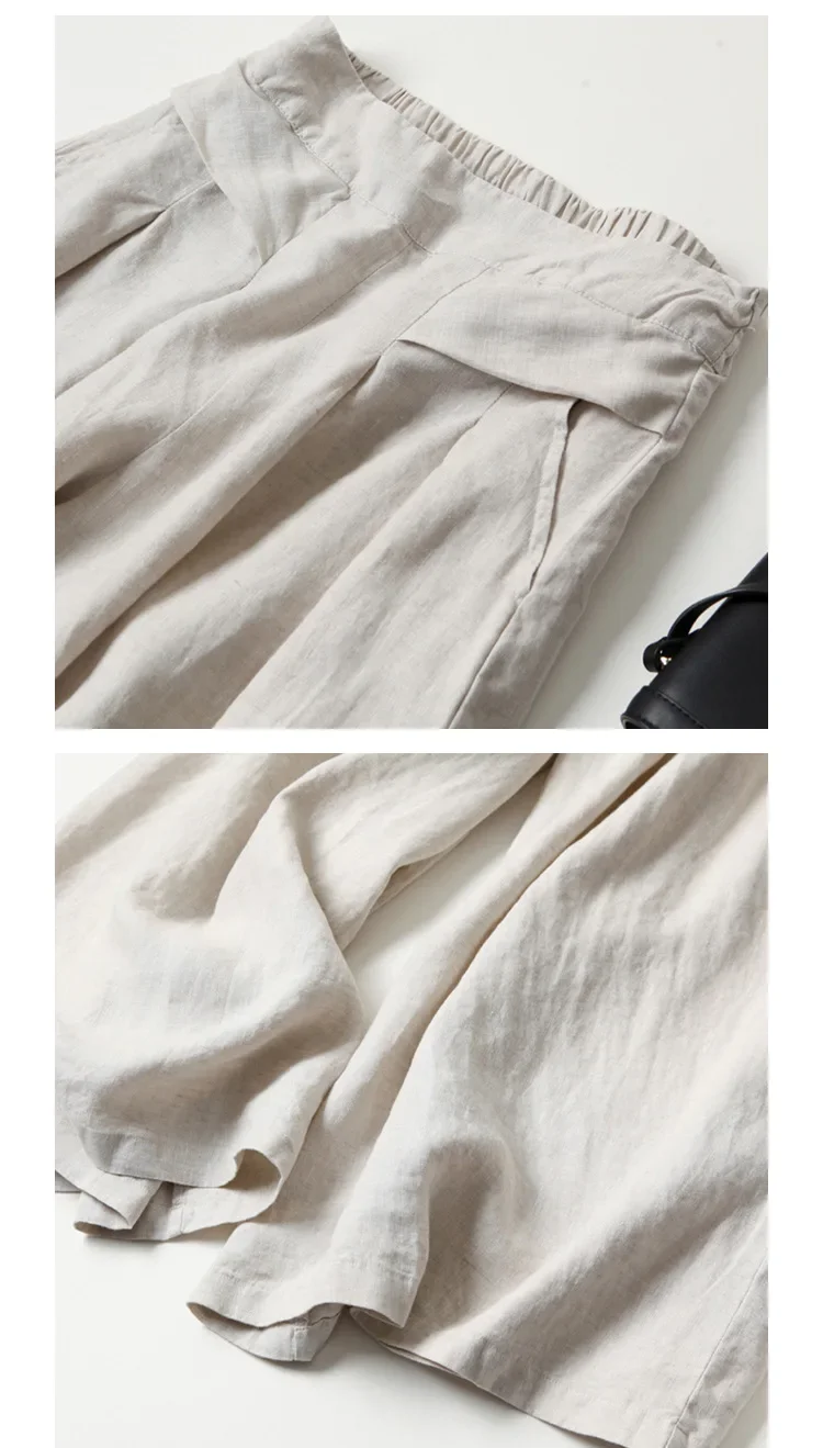 2026 Summer Women's Culottes Cotton Linen Cropped Wide Leg Pants Elastic Waist Casual Palazzo Clean Fit Trousers with Pockets