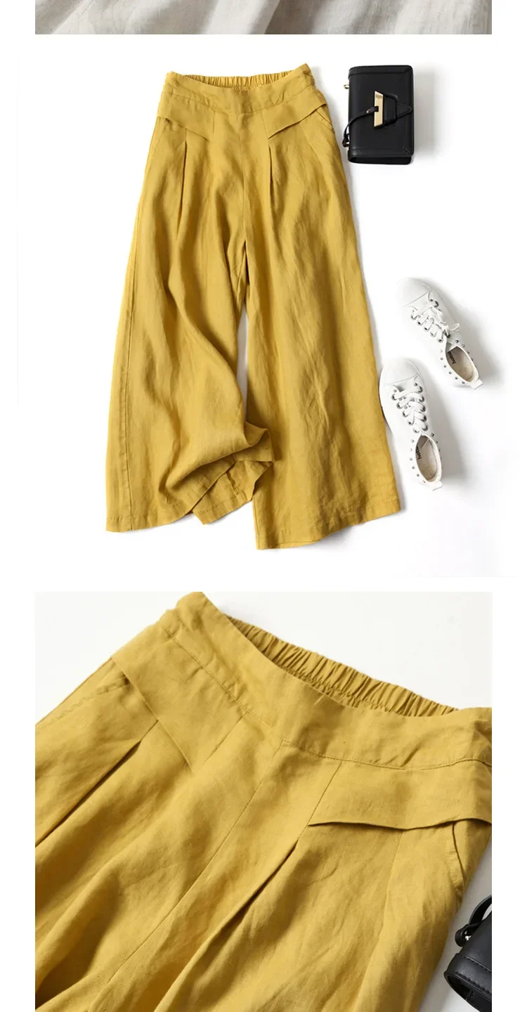 2026 Summer Women's Culottes Cotton Linen Cropped Wide Leg Pants Elastic Waist Casual Palazzo Clean Fit Trousers with Pockets