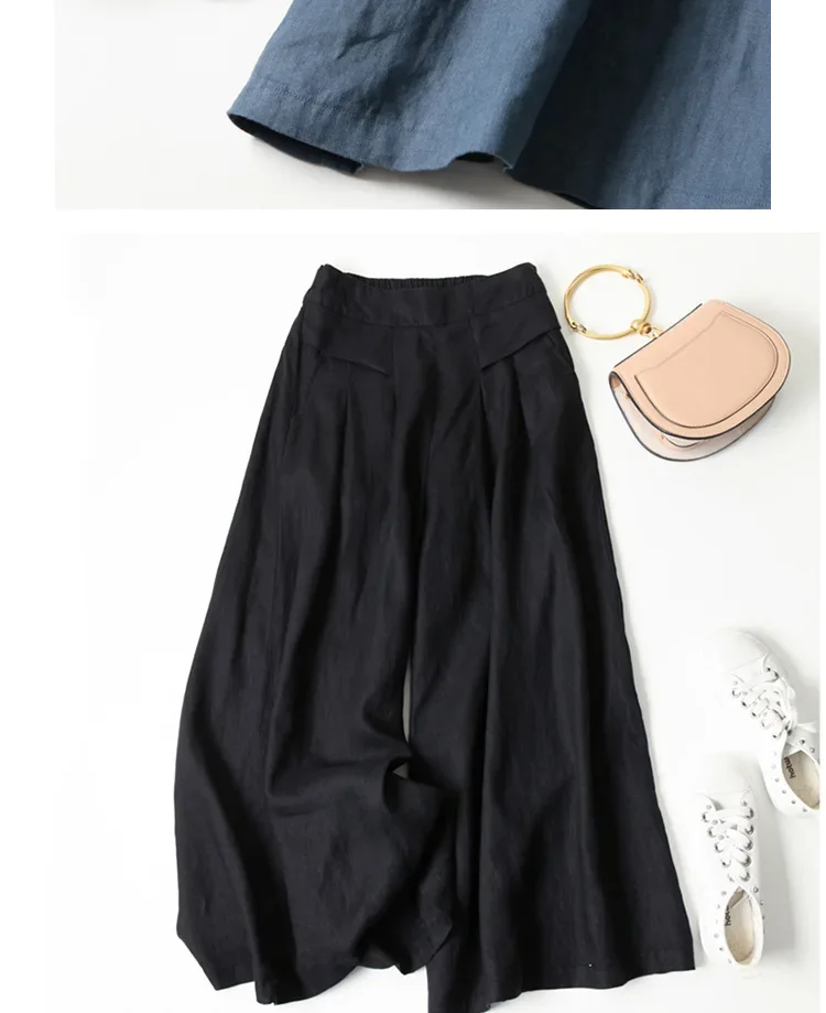 2026 Summer Women's Culottes Cotton Linen Cropped Wide Leg Pants Elastic Waist Casual Palazzo Clean Fit Trousers with Pockets