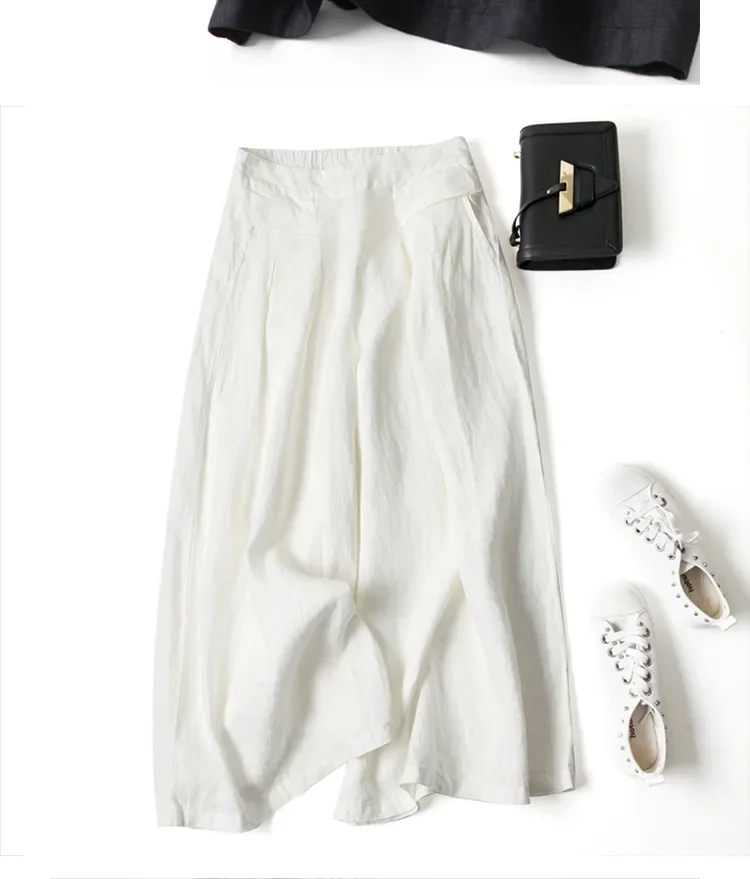 2026 Summer Women's Culottes Cotton Linen Cropped Wide Leg Pants Elastic Waist Casual Palazzo Clean Fit Trousers with Pockets