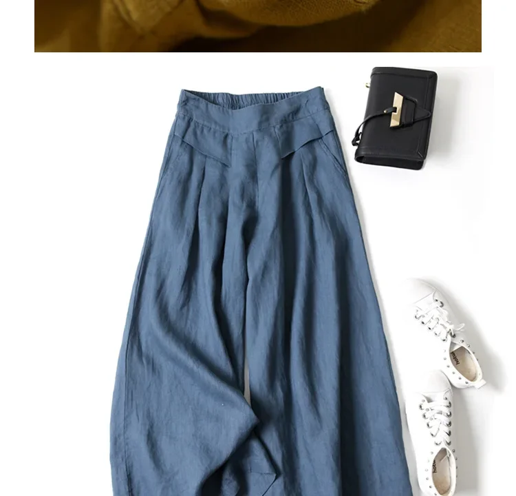 2026 Summer Women's Culottes Cotton Linen Cropped Wide Leg Pants Elastic Waist Casual Palazzo Clean Fit Trousers with Pockets