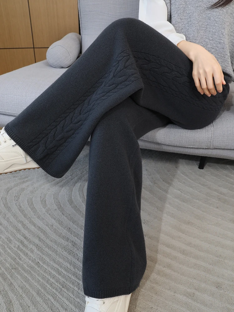 Autumn Winter Thick Cashmere Women Wide Leg Pants Casual Loose Twist Flower Trousers 100% Merino Wool Knitwear Popular Pants
