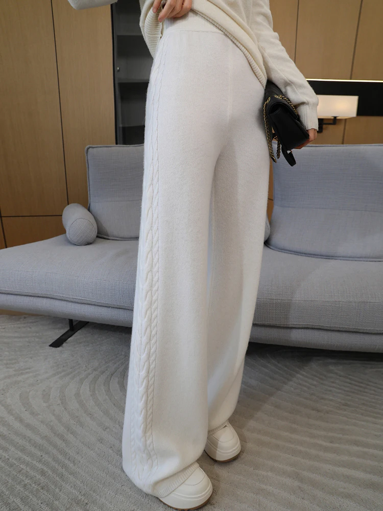 Autumn Winter Thick Cashmere Women Wide Leg Pants Casual Loose Twist Flower Trousers 100% Merino Wool Knitwear Popular Pants